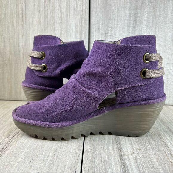 Fly London Yema Amethyst Purple Suede Platform Wedge Open Toe Shoe Womens Size 7 - Picture 4 of 10